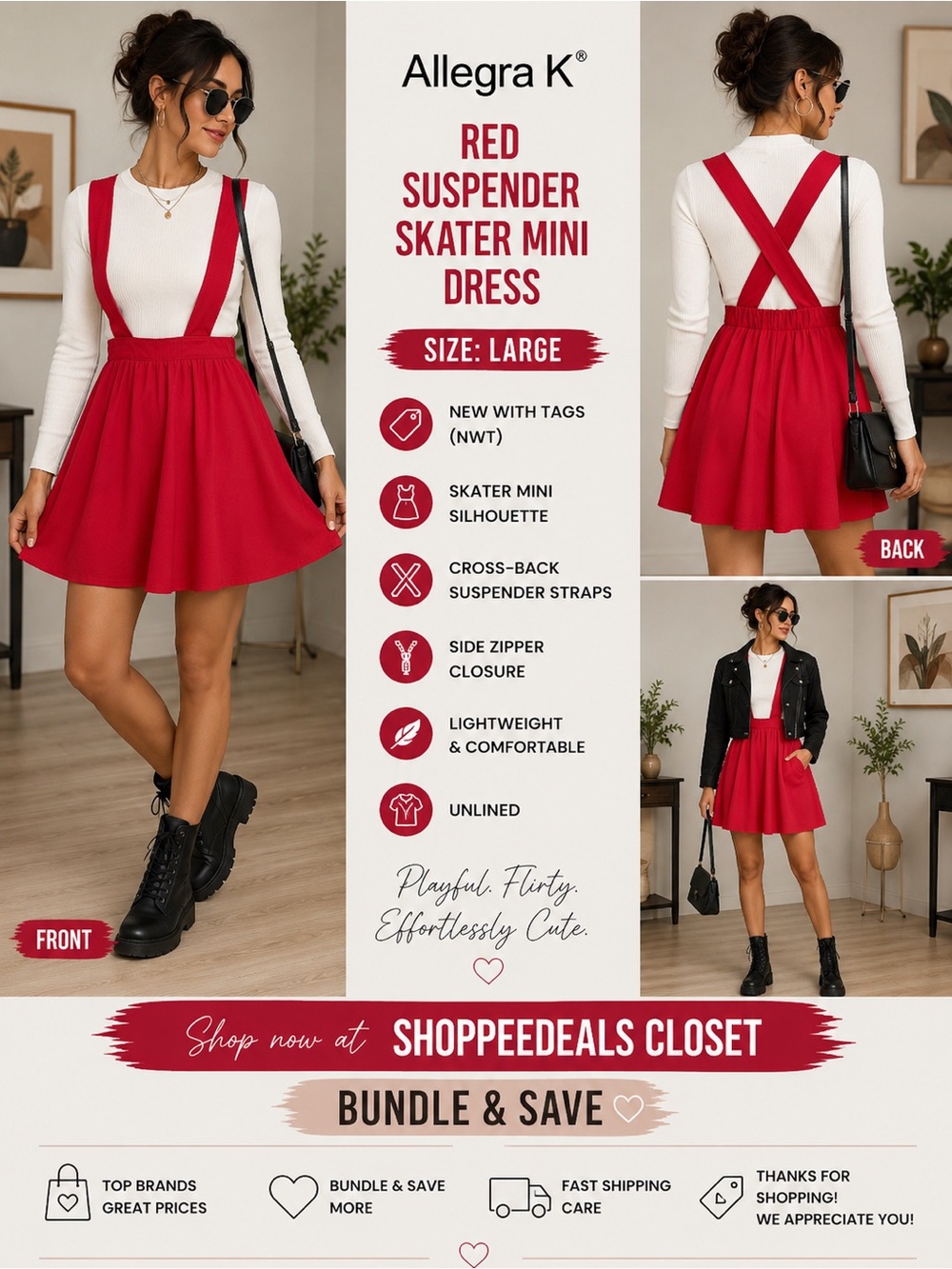 Allegra K Red Suspender Skater Mini Dress – Women’s Size Large – NWT